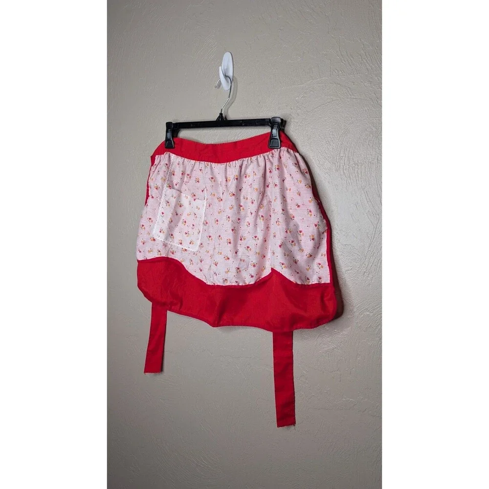 Vintage Artistic Creation Red White Floral Pocket Waist Tie Apron USA